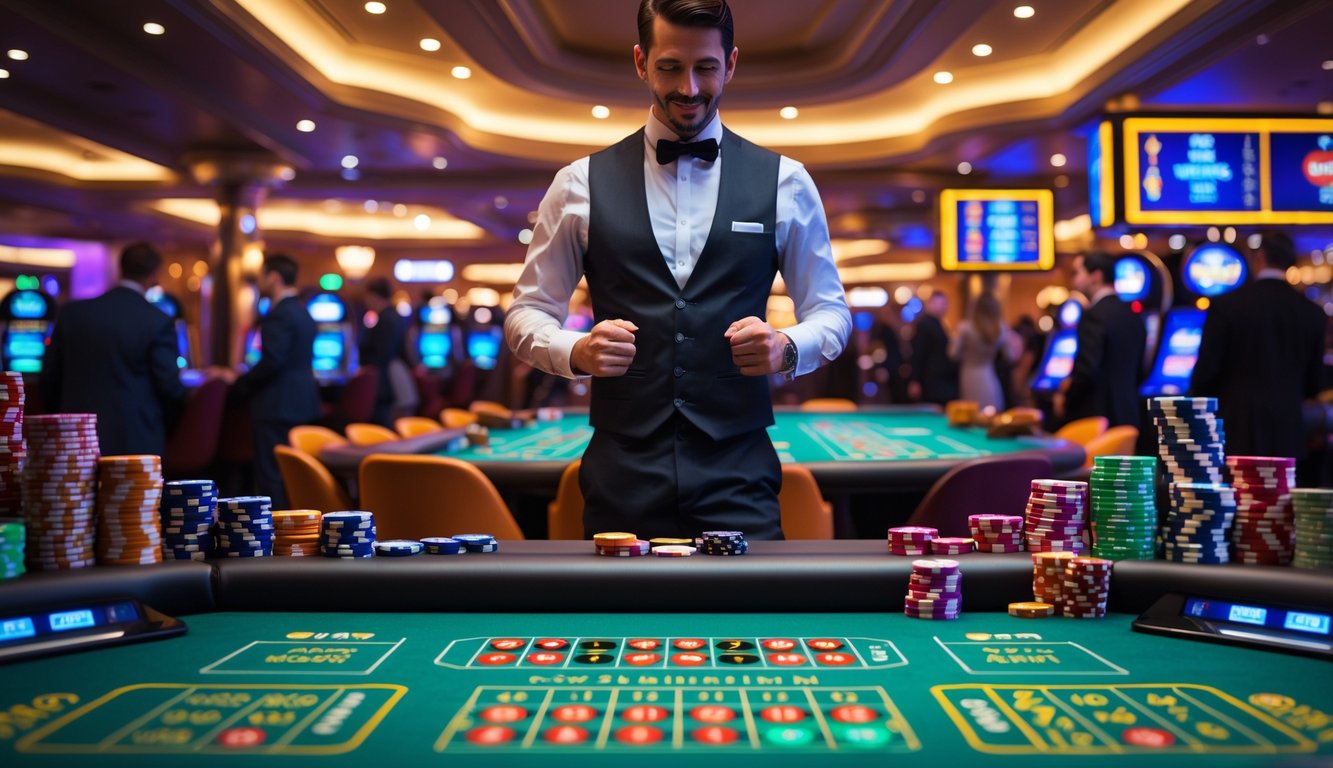 Seorang dealer kasino profesional di meja permainan dengan pemain yang fokus dan suasana kasino yang ramai.