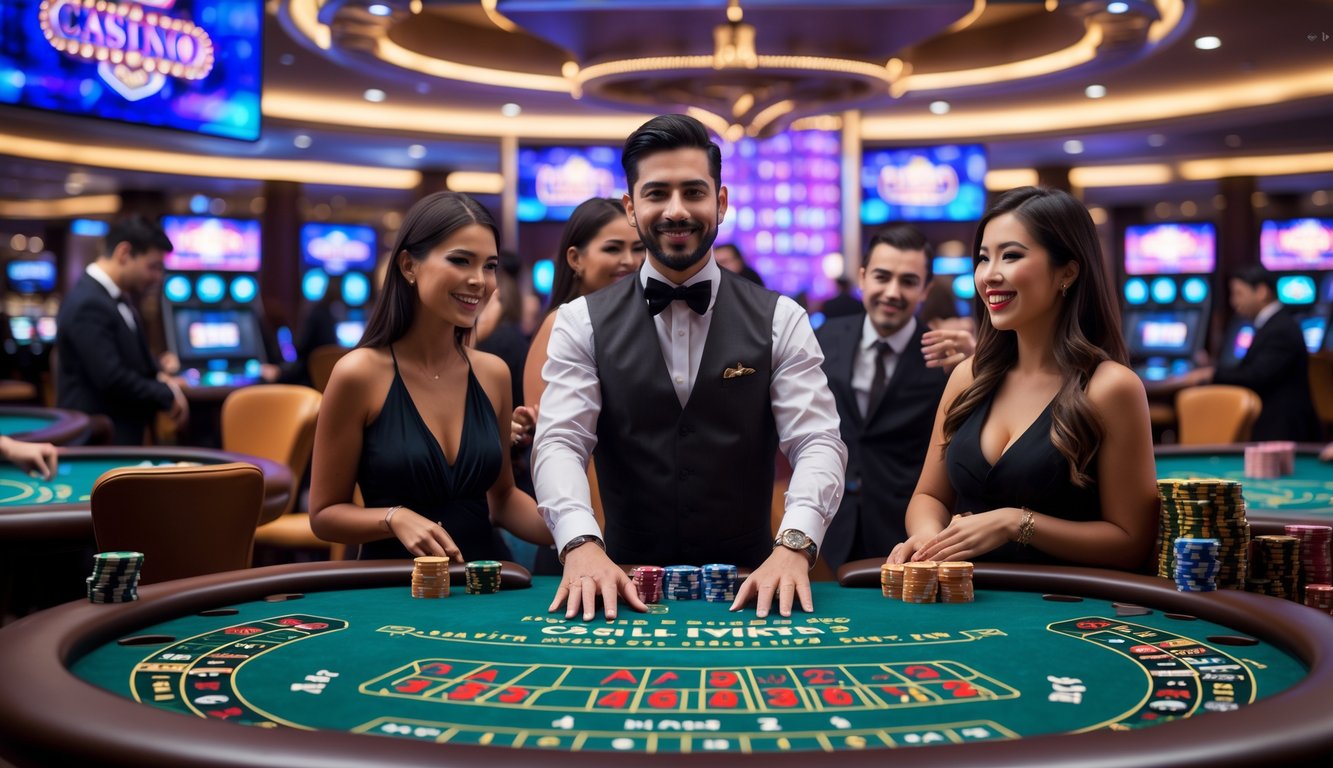 Suasana kasino langsung dengan meja permainan dan pemain yang antusias sedang bermain bersama dealer.