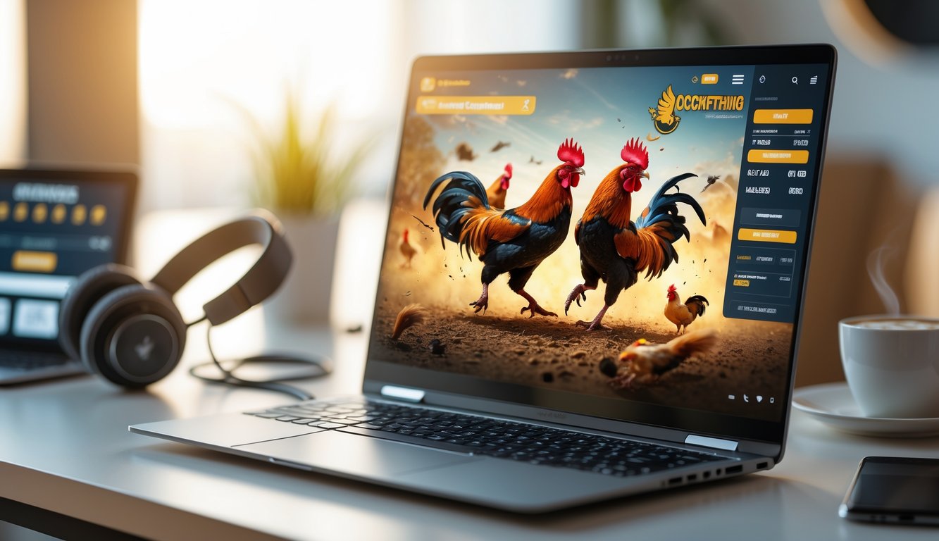 Seorang pemain menggunakan komputer untuk bermain sabung ayam secara online dengan gambar ayam jago bertarung di layar.