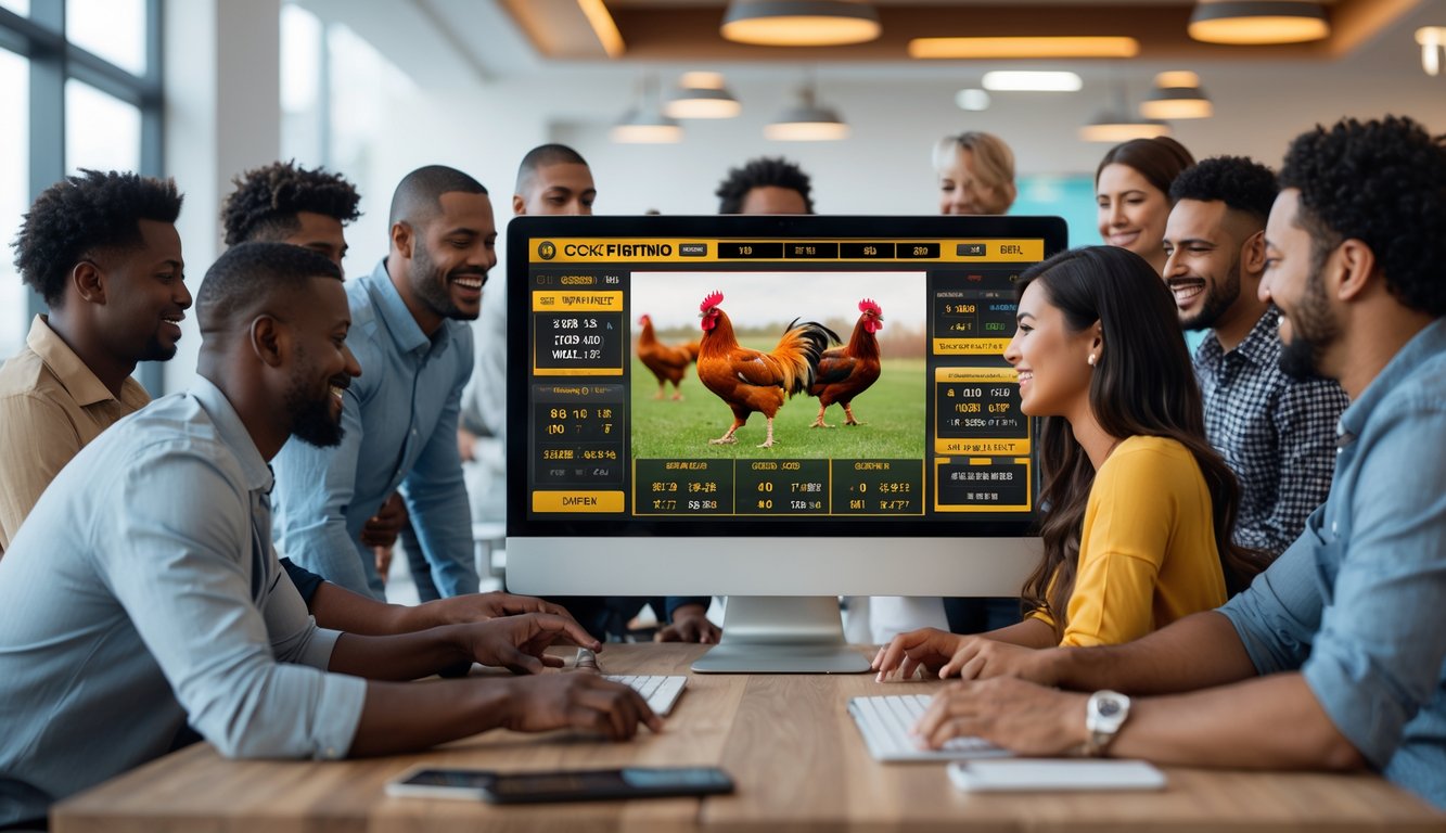 Beberapa orang berkumpul di depan layar komputer yang menampilkan pertandingan sabung ayam secara online dengan suasana serius dan antusias.