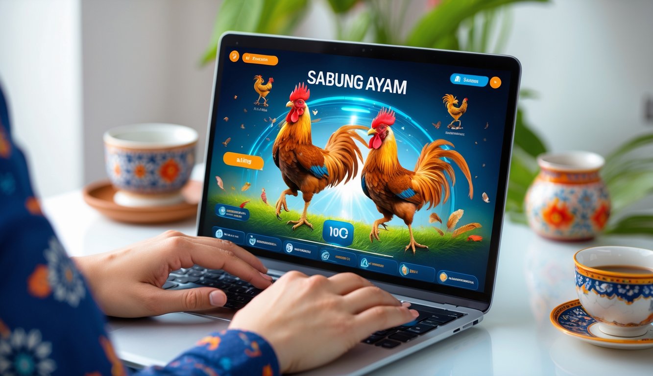 Seseorang menggunakan laptop atau ponsel untuk bermain game sabung ayam online dengan latar ruang kerja yang rapi dan elemen budaya Indonesia.