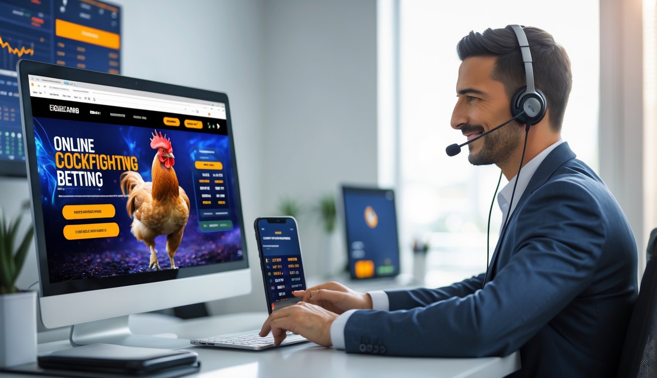 Seorang perwakilan layanan pelanggan yang ramah sedang bekerja di depan laptop dalam suasana kantor modern yang rapi dan profesional.