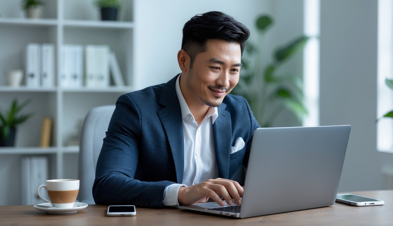 Seorang pria Asia Tenggara menggunakan laptop di ruang kerja rumah yang rapi dengan suasana tenang.