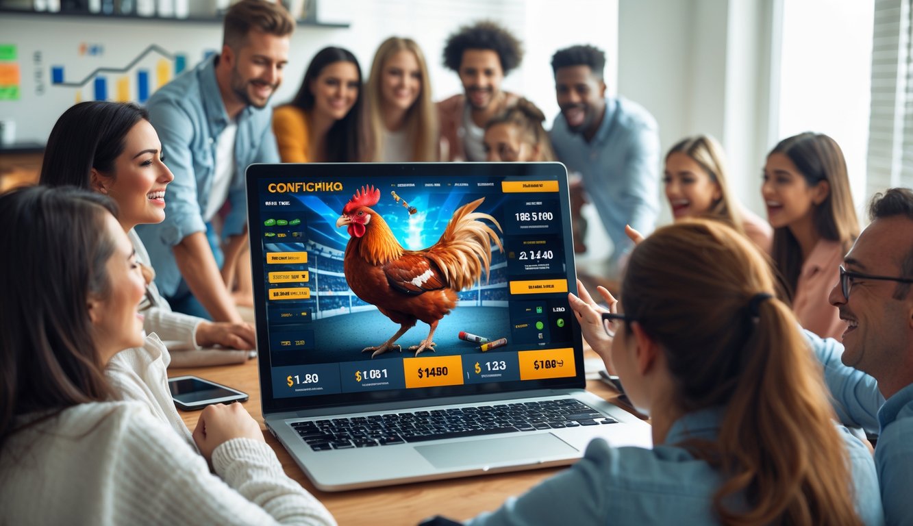 Sekelompok orang muda sedang menggunakan laptop untuk taruhan sabung ayam online di ruangan modern yang terang.