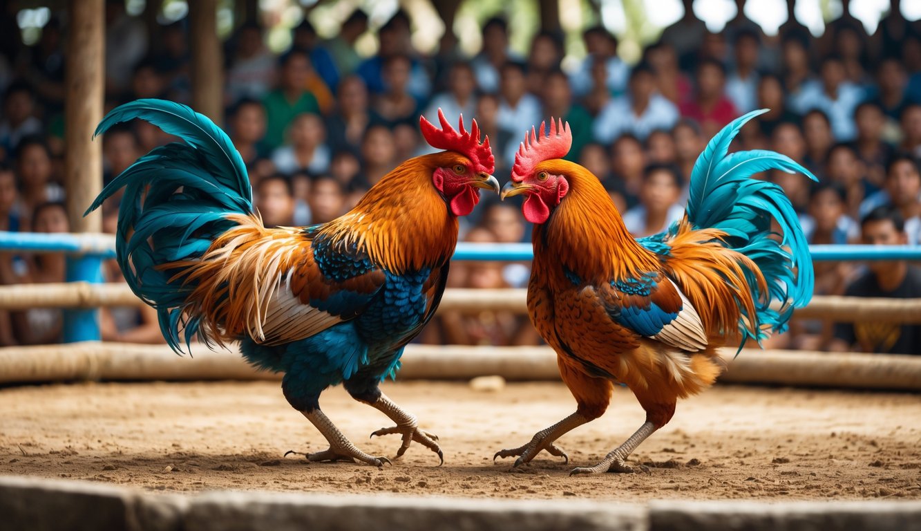 Dua ayam jago sedang bertarung di arena dengan penonton di latar belakang.