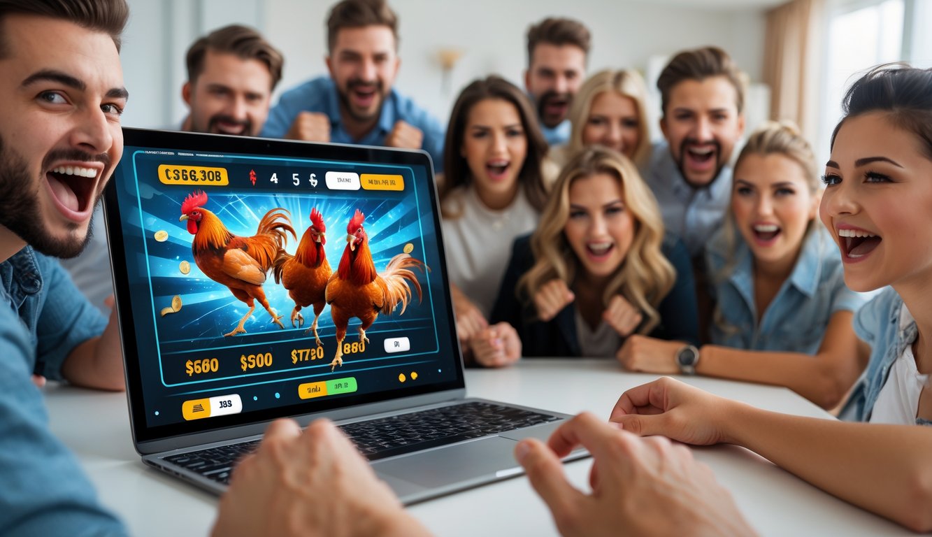 Sekelompok orang muda yang antusias mengamati layar perangkat elektronik yang menampilkan pertarungan ayam secara online.