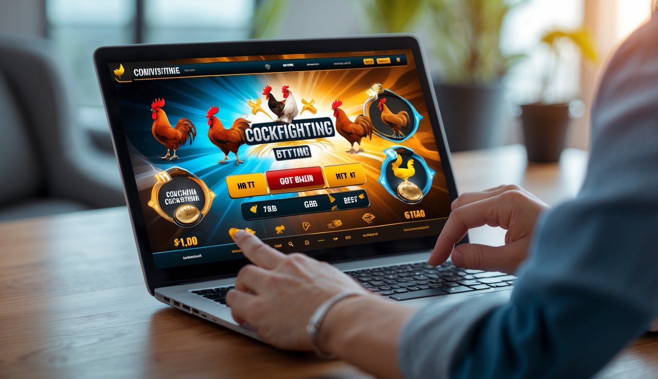 Seseorang menggunakan laptop atau ponsel untuk bertaruh sabung ayam secara online di lingkungan rumah atau kantor yang terang.