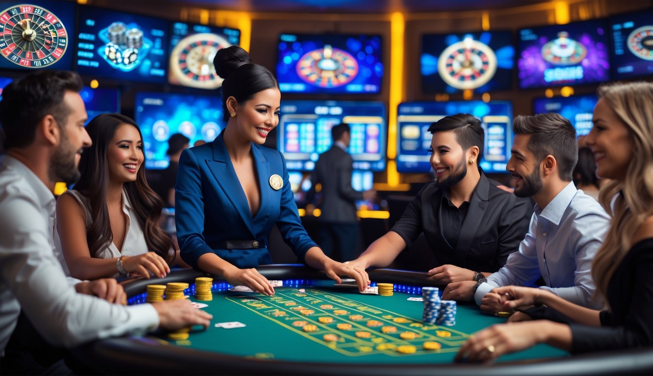 Beberapa pemain bersemangat bermain di meja kasino langsung dengan dealer wanita di latar dalam suasana kasino online yang modern dan hidup.