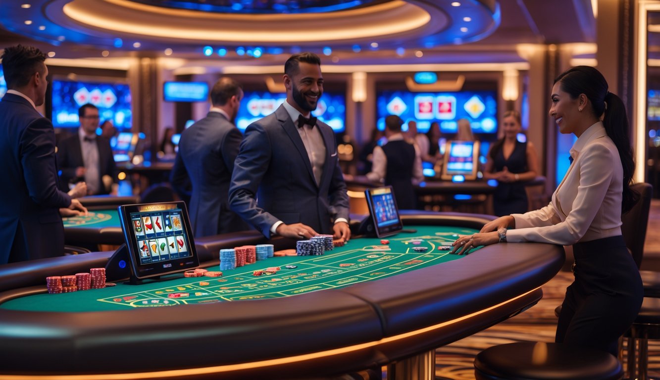 Suasana kasino langsung yang mewah dengan meja permainan, dealer profesional, dan pemain yang menikmati permainan dalam lingkungan yang aman dan terpercaya.