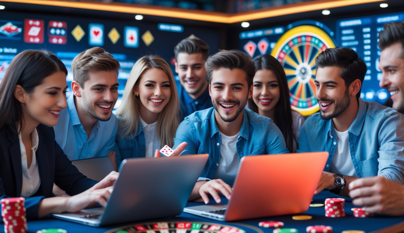 Sekelompok orang muda bermain permainan kasino online di laptop dan ponsel dalam suasana yang cerah dan modern.