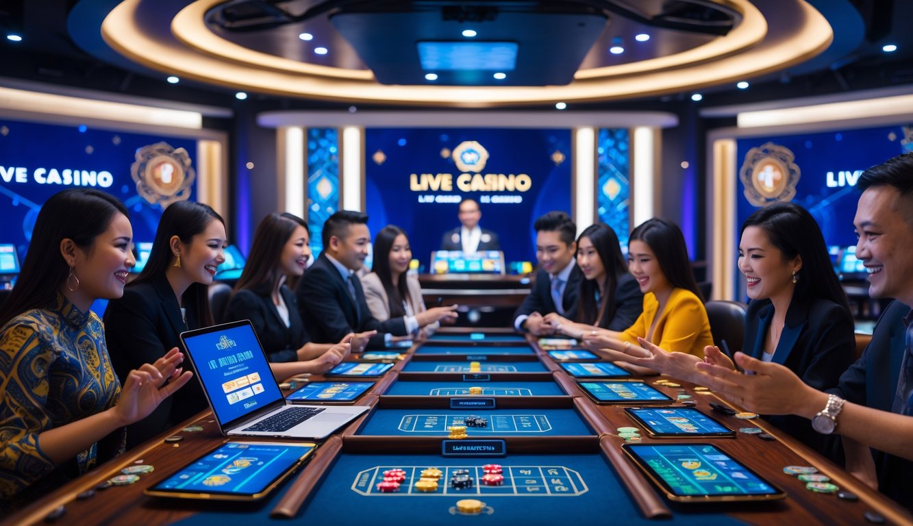 Sekelompok orang bermain permainan kasino langsung secara online menggunakan perangkat digital di studio kasino modern dengan dealer yang ramah.