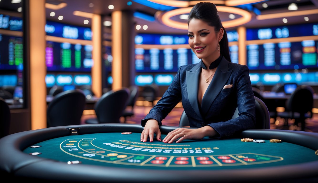 Seorang dealer kasino langsung profesional di meja permainan dengan peralatan streaming berkualitas tinggi dan latar belakang kasino modern.