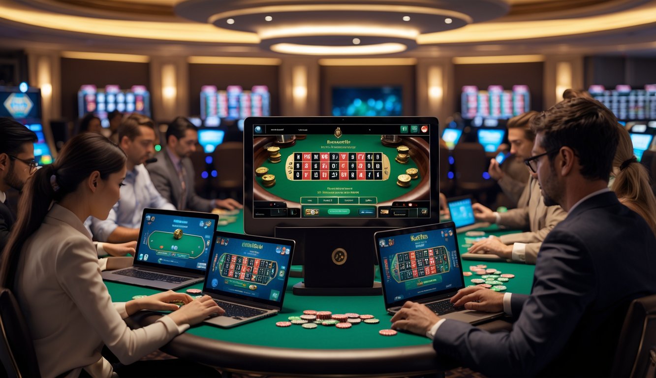Orang-orang bermain permainan kasino langsung secara online menggunakan laptop dan ponsel di ruangan kasino modern yang terang dan rapi.