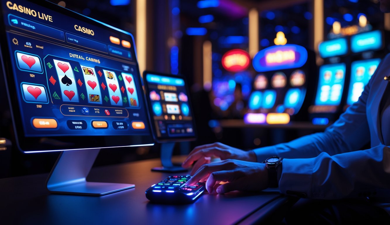 Suasana kasino online dengan monitor dan ponsel menampilkan permainan kasino seperti roulette dan kartu poker, dengan elemen yang menunjukkan layanan 24 jam.