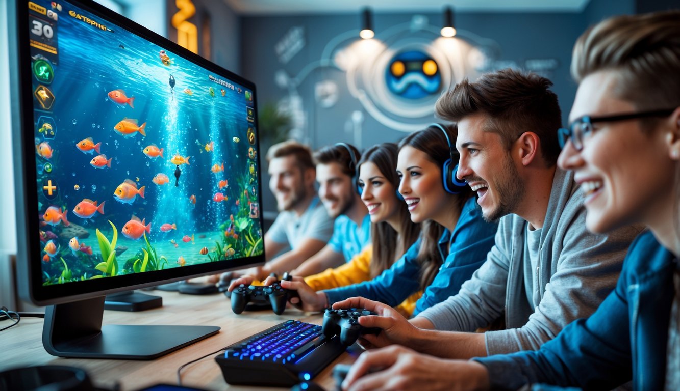 Sekelompok orang muda sedang bermain permainan tembak ikan online dengan layar komputer besar menampilkan ikan berwarna-warni di bawah air.