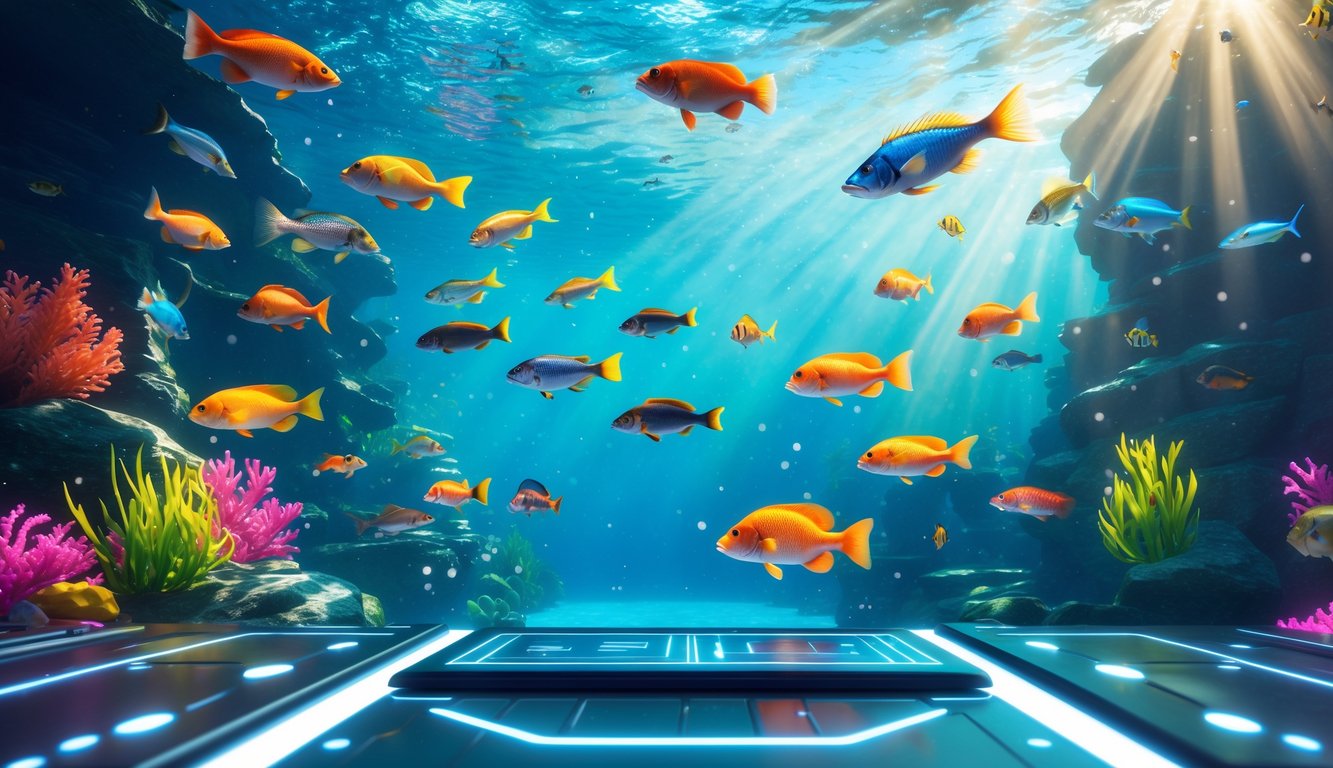 Adegan bawah laut digital dengan ikan berwarna-warni dan antarmuka permainan yang modern dan interaktif.