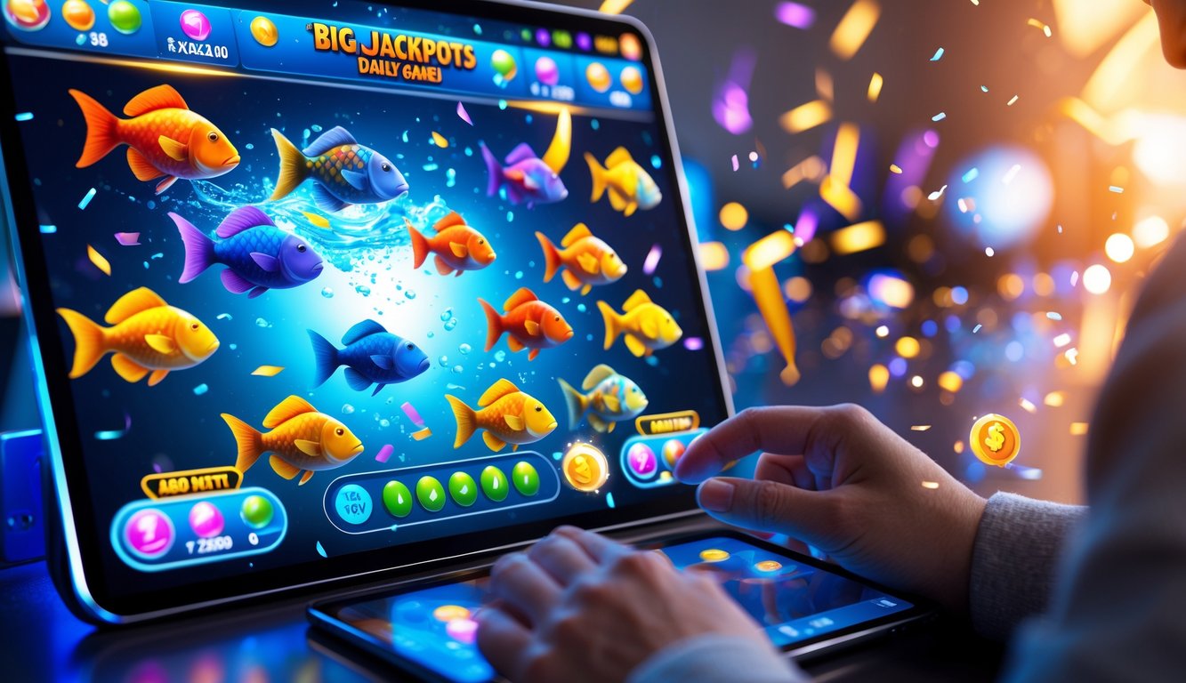 Seorang pemain menggunakan perangkat modern dengan layar menampilkan permainan menembak ikan yang penuh warna dan ikon jackpot yang bersinar.