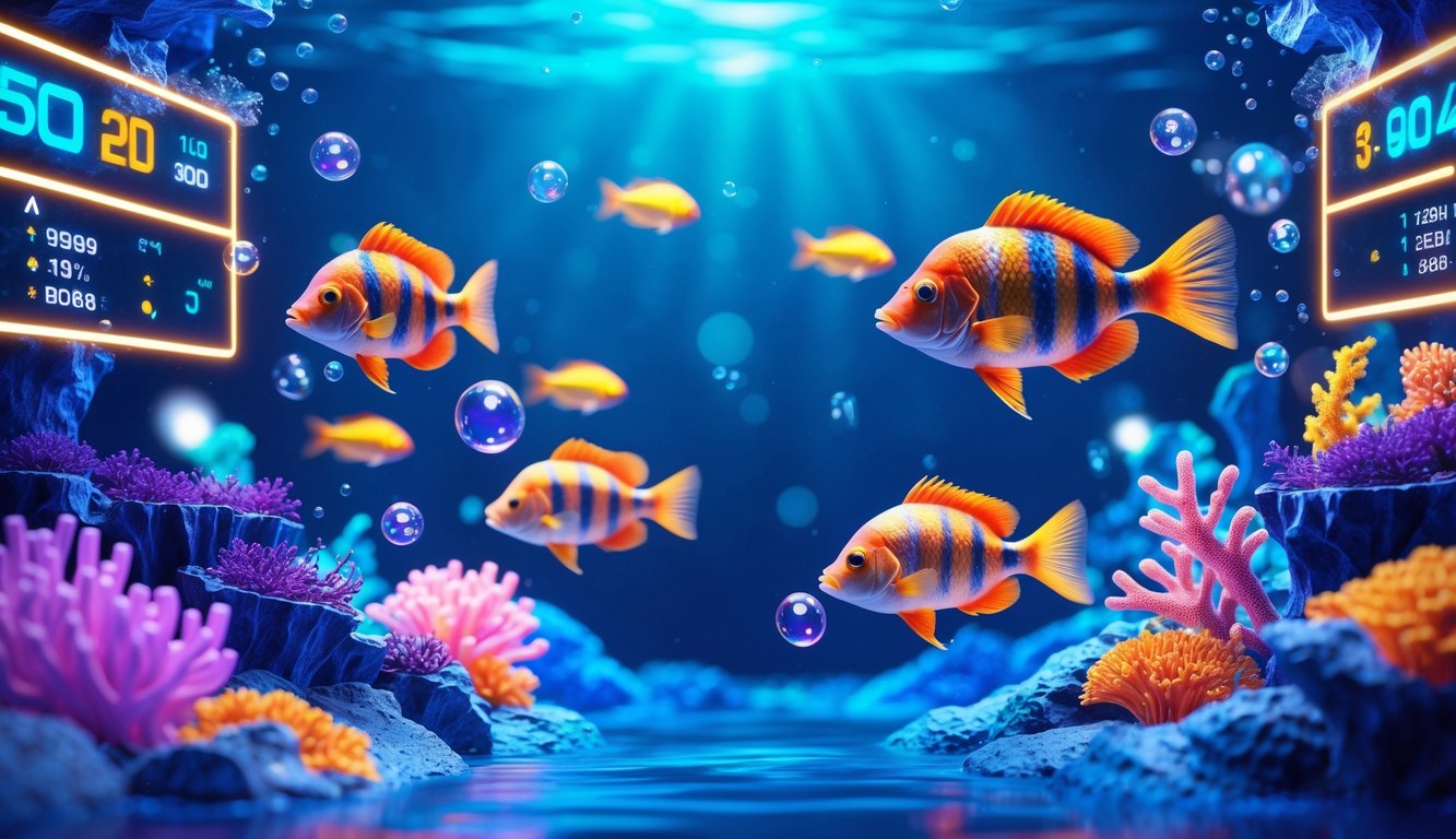 Laut biru dengan ikan tropis berwarna-warni berenang di antara terumbu karang dan gelembung air.