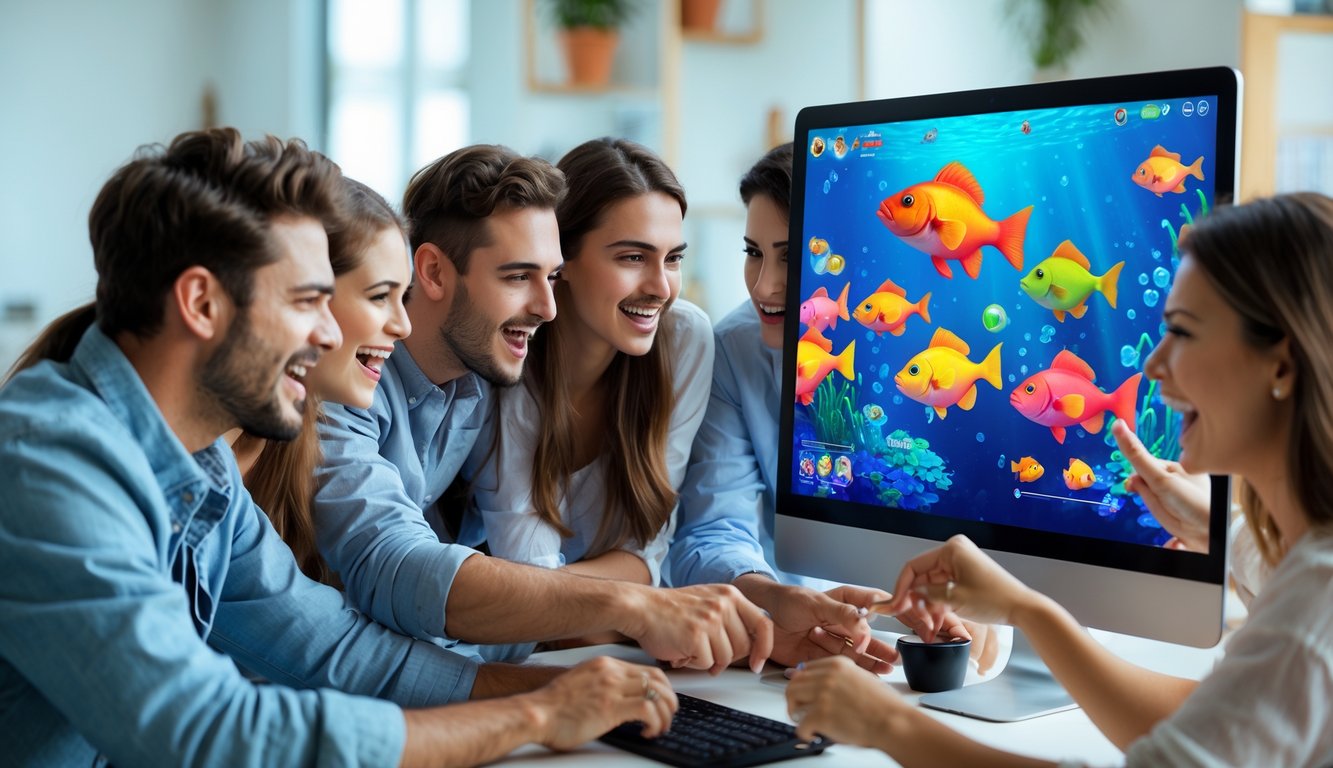 Sekelompok orang muda sedang bermain permainan tembak ikan online bersama di depan komputer dalam ruangan yang terang dan nyaman.