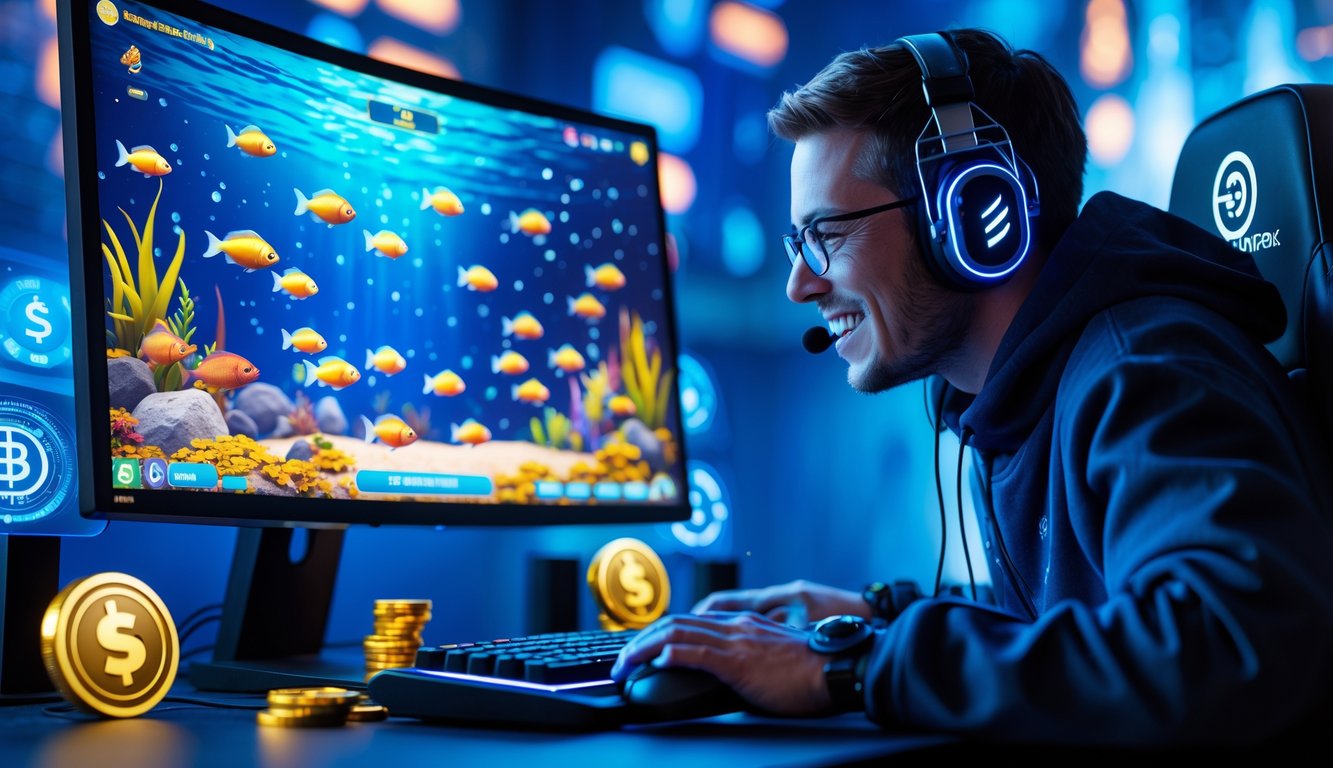 Seorang pemain profesional sedang bermain game menembak ikan online dengan layar komputer menampilkan ikan-ikan berwarna-warni dan suasana permainan yang menarik.