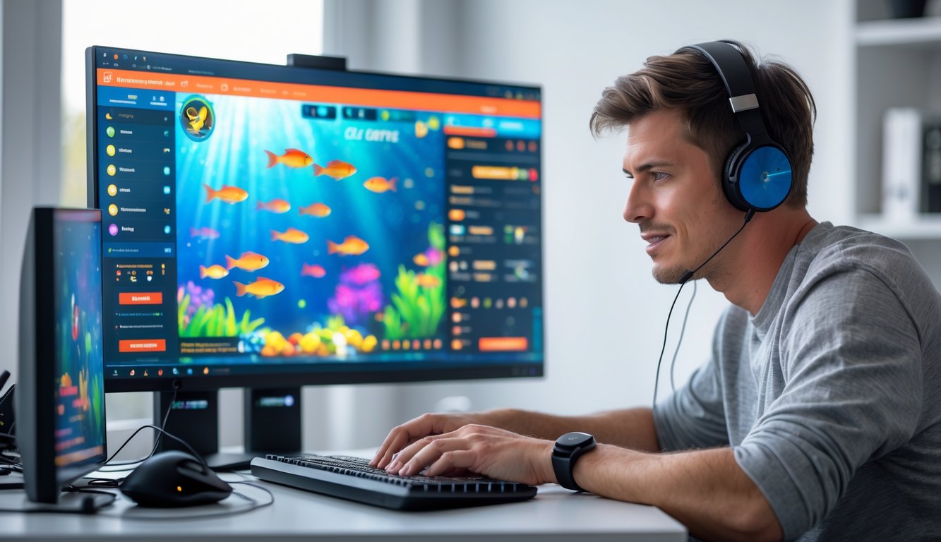 Seorang pria muda fokus bermain permainan tembak ikan online di komputer di ruang kerja modern.