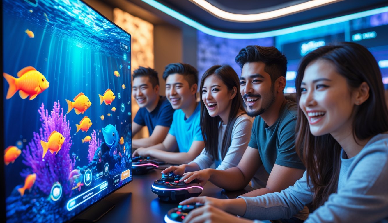 Sekelompok orang muda bermain game tembak ikan online dengan layar besar menampilkan ikan berwarna-warni di latar bawah laut.
