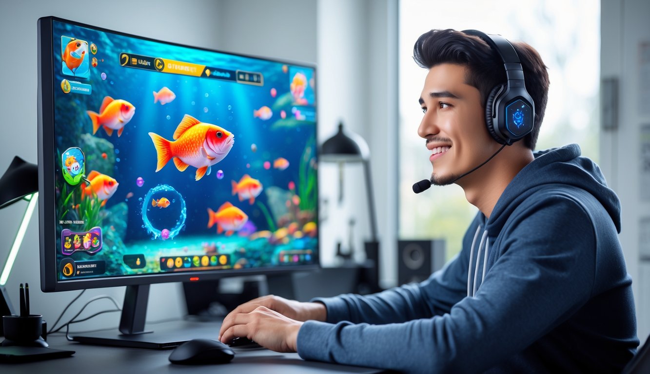 Seorang pria muda duduk di depan komputer dengan layar menampilkan permainan tembak ikan online, terlihat fokus dan senang di ruangan kantor rumah yang terang.