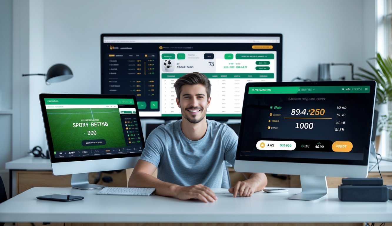 Seseorang duduk di meja dengan beberapa perangkat digital menampilkan antarmuka taruhan olahraga online, terlihat percaya diri dan puas dalam suasana kantor rumah yang rapi dan aman.