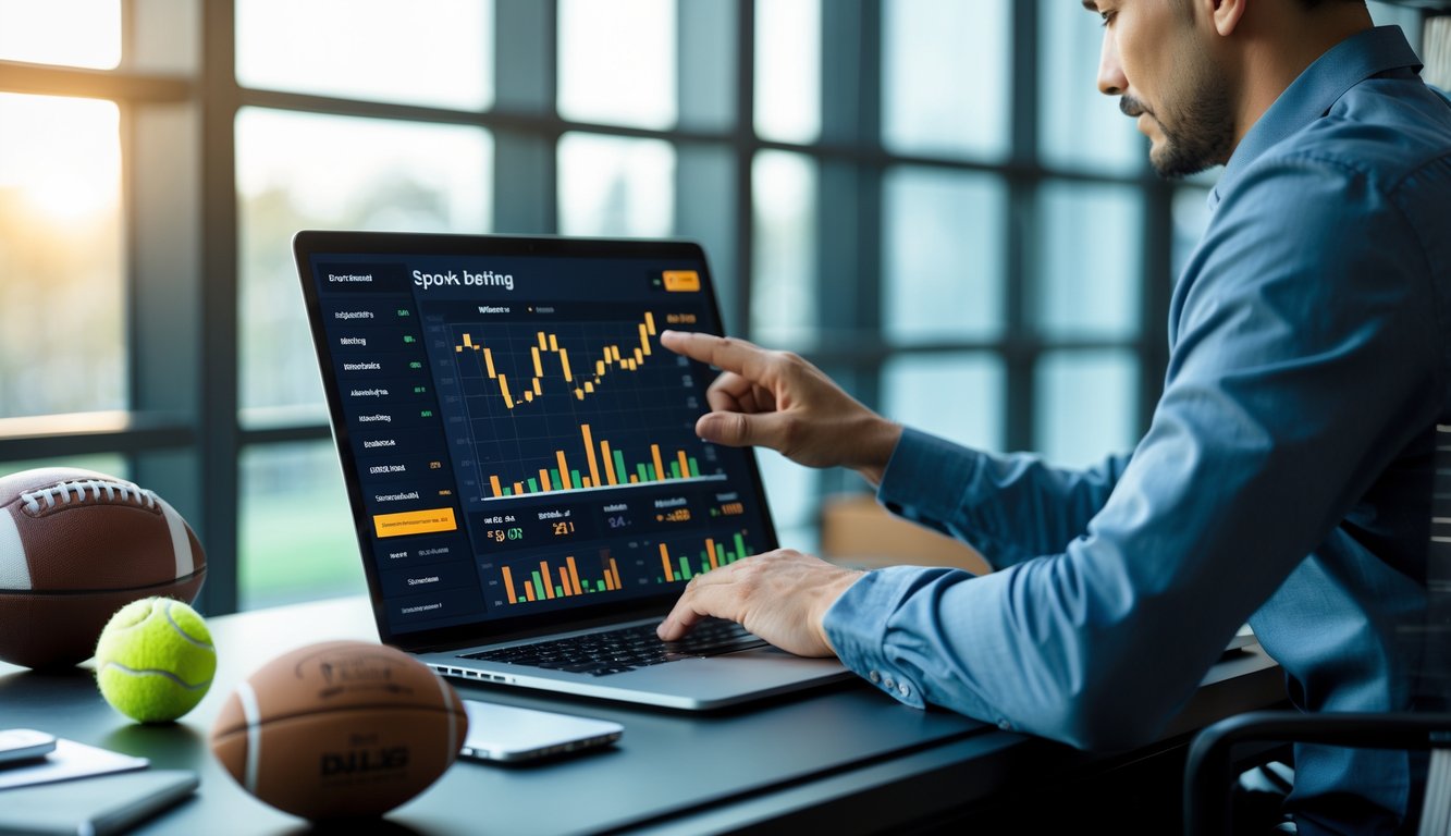 Seorang profesional sedang menganalisis data taruhan olahraga di laptop di ruang kerja modern dengan peralatan olahraga di sekitar.
