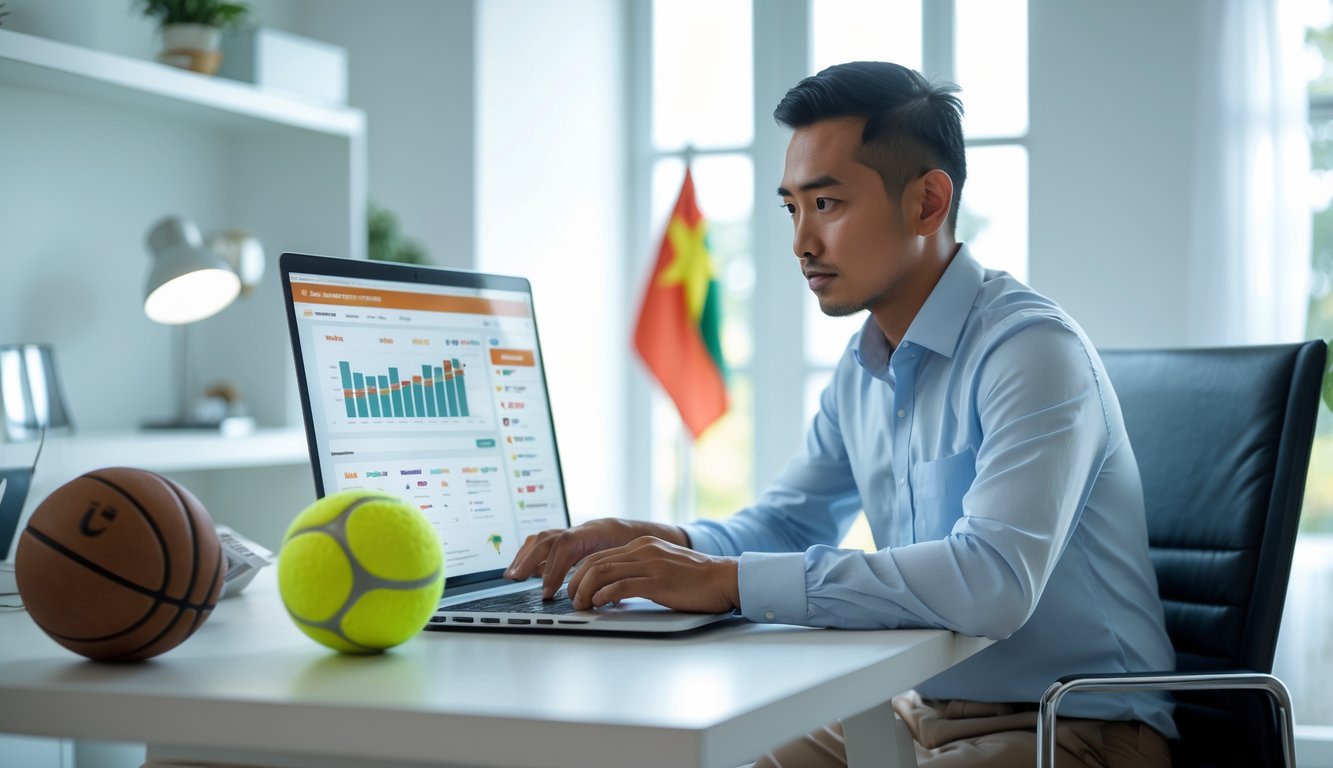 Seorang pria Indonesia duduk di meja dengan laptop, dikelilingi bola olahraga, sedang menganalisis data taruhan olahraga online di ruangan kerja yang terang dan rapi.