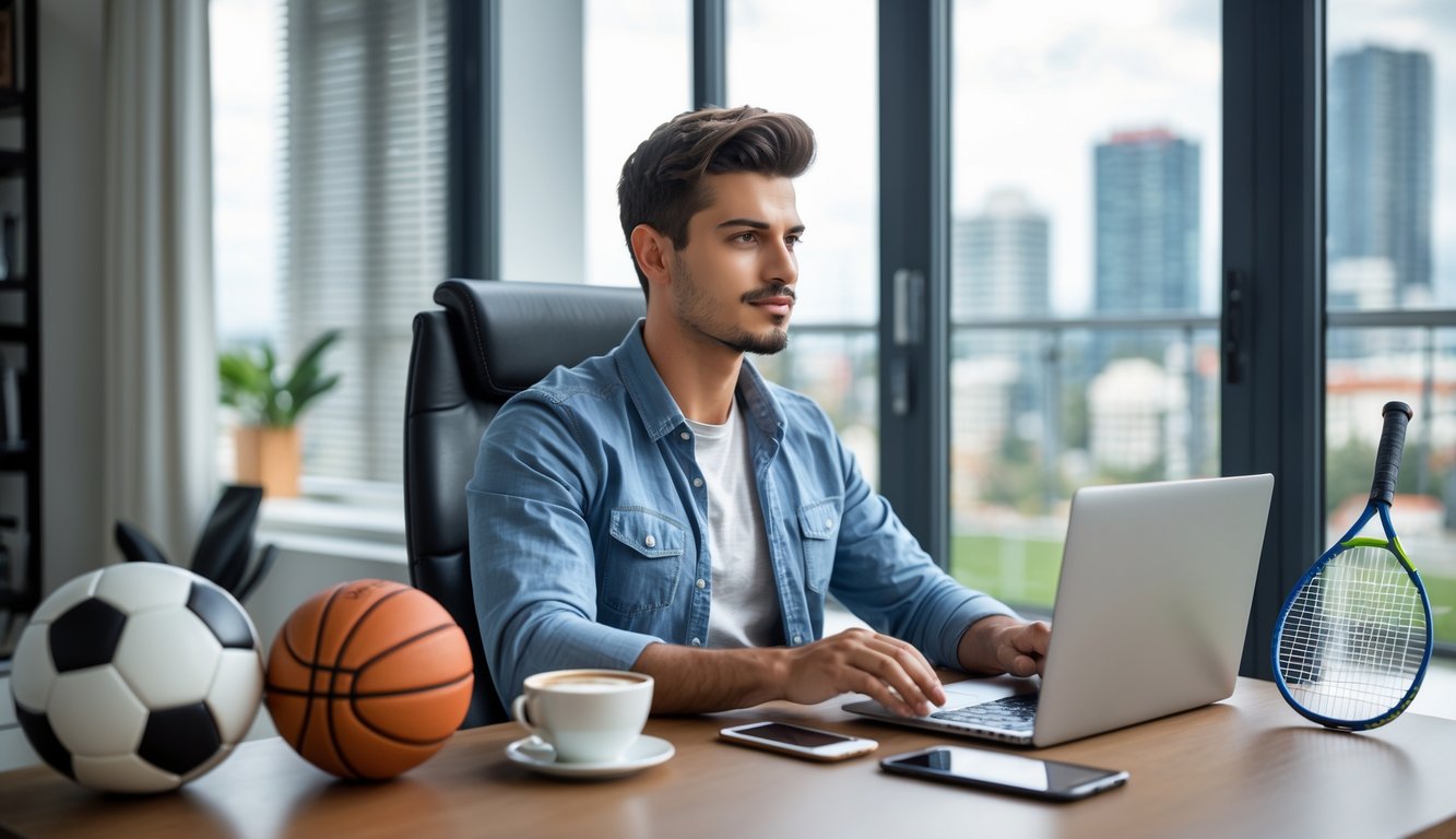 Seorang dewasa muda duduk di meja dengan laptop dan perlengkapan olahraga di sekitarnya, terlihat fokus dan serius.