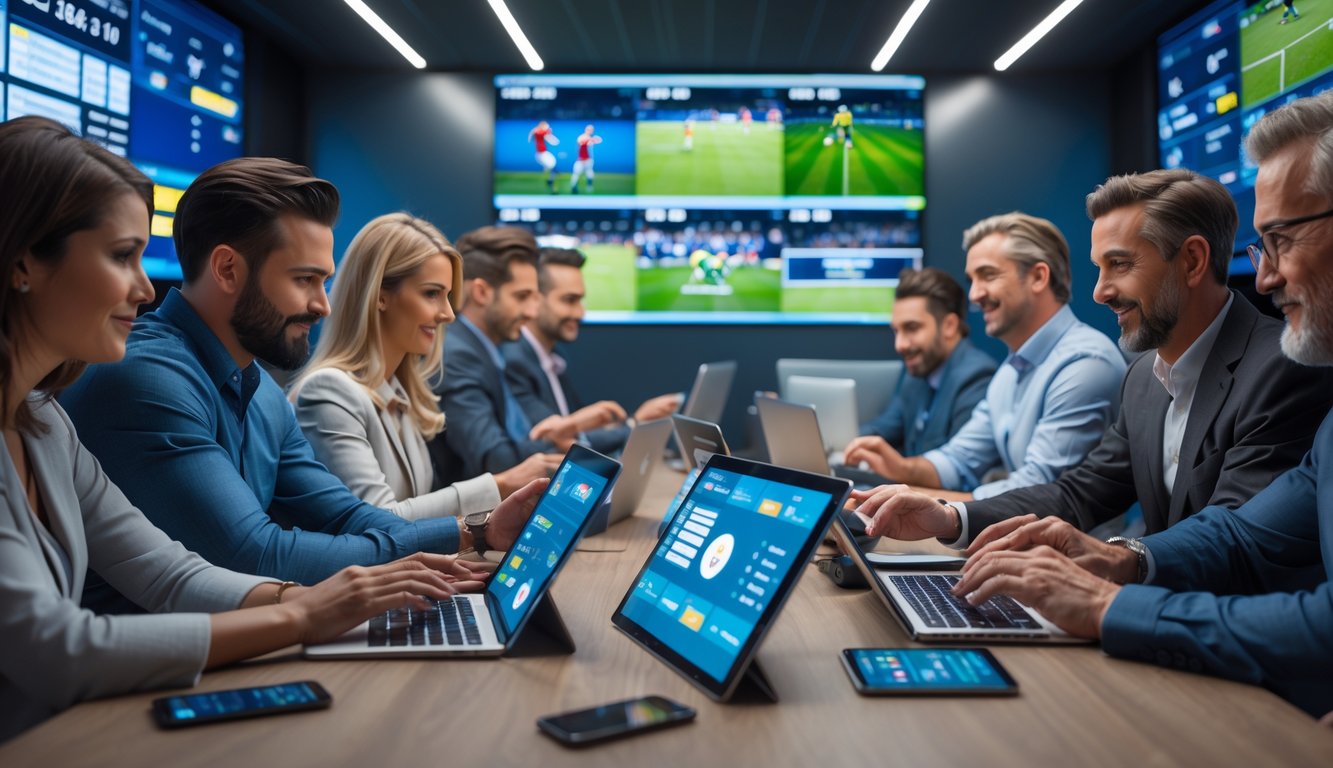 Beberapa orang menggunakan perangkat digital untuk bertaruh pada berbagai cabang olahraga dalam suasana kerja yang modern dan profesional.
