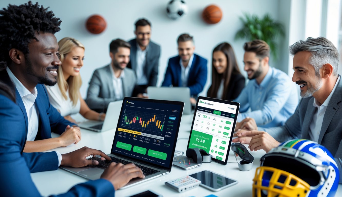 Orang-orang menggunakan perangkat digital untuk bertaruh olahraga online di ruang kerja yang terang dan modern dengan peralatan olahraga sebagai dekorasi.