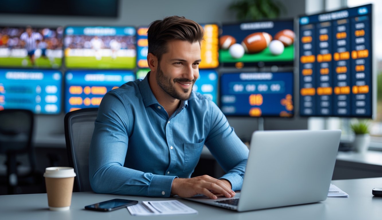 Seorang pria duduk di depan laptop dengan beberapa layar menampilkan pertandingan olahraga, fokus pada taruhan olahraga online.