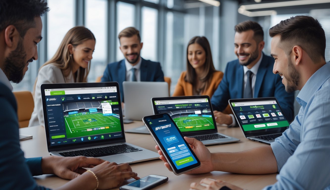 Sekelompok orang menggunakan perangkat digital untuk berjudi olahraga online di ruang modern dengan pencahayaan terang.