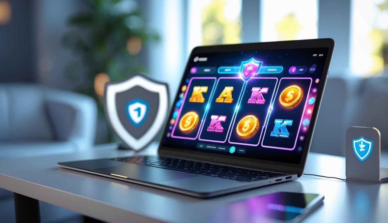 Seorang pemain menggunakan laptop dengan permainan slot online yang berwarna-warni di layar, di meja yang rapi dengan pencahayaan hangat.