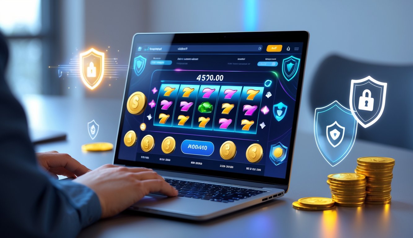 Seseorang menggunakan perangkat digital untuk bermain judi slot online dengan simbol keamanan dan bonus di sekitar perangkat.