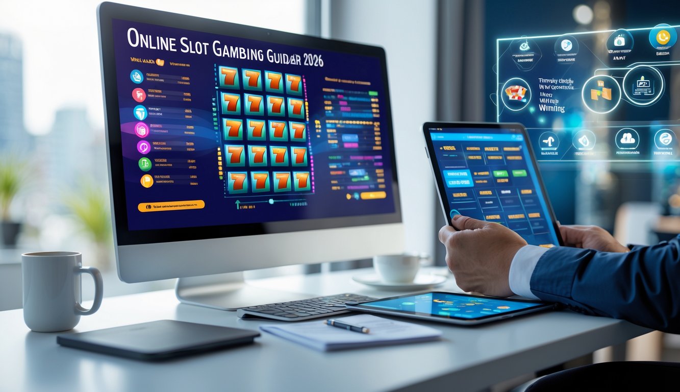 Seorang pria duduk di meja kerja dengan komputer menampilkan grafik mesin slot dan data strategi menang, suasana tenang dan profesional.