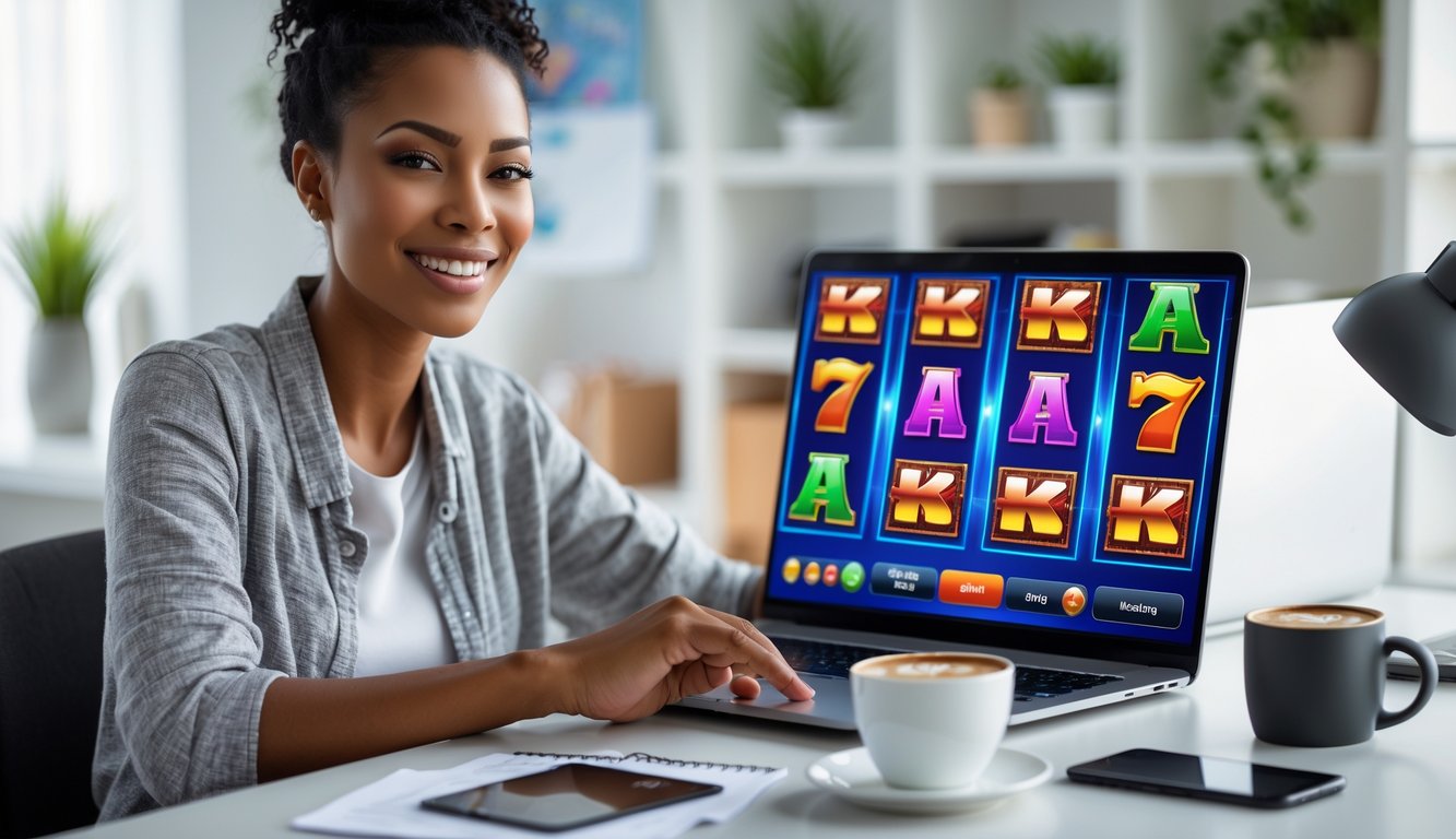 Seorang dewasa muda bermain permainan slot online dengan percaya diri di depan laptop di ruang kerja rumah yang rapi dan terang.