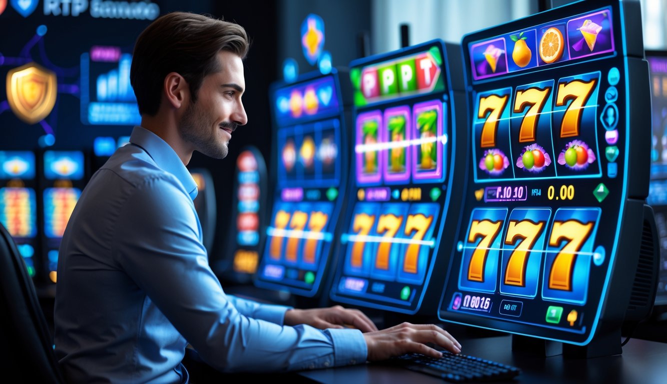 Seseorang menggunakan komputer dengan layar menampilkan permainan slot online yang berwarna-warni dan grafik modern.