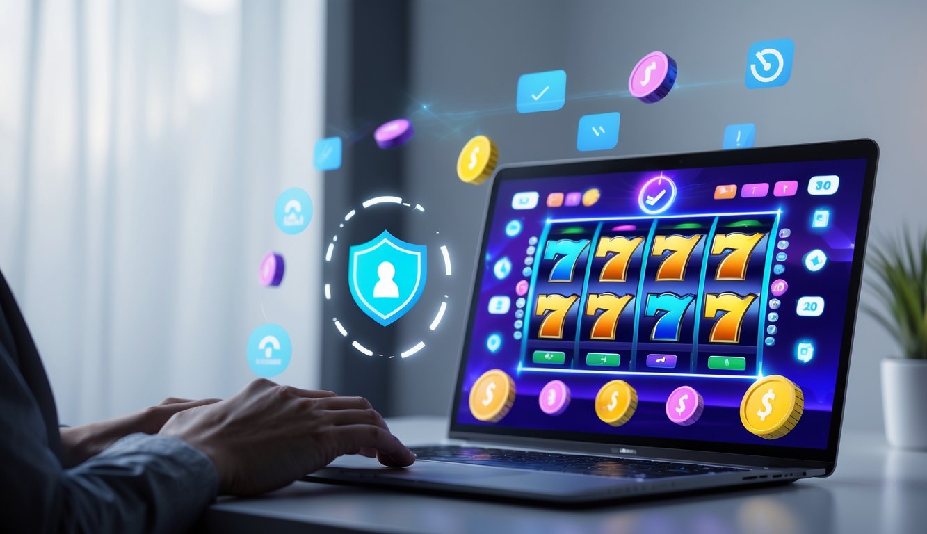 Seorang pemain menggunakan komputer dengan tampilan permainan slot online yang berwarna-warni, dikelilingi simbol keamanan dan suasana yang aman dan terpercaya.
