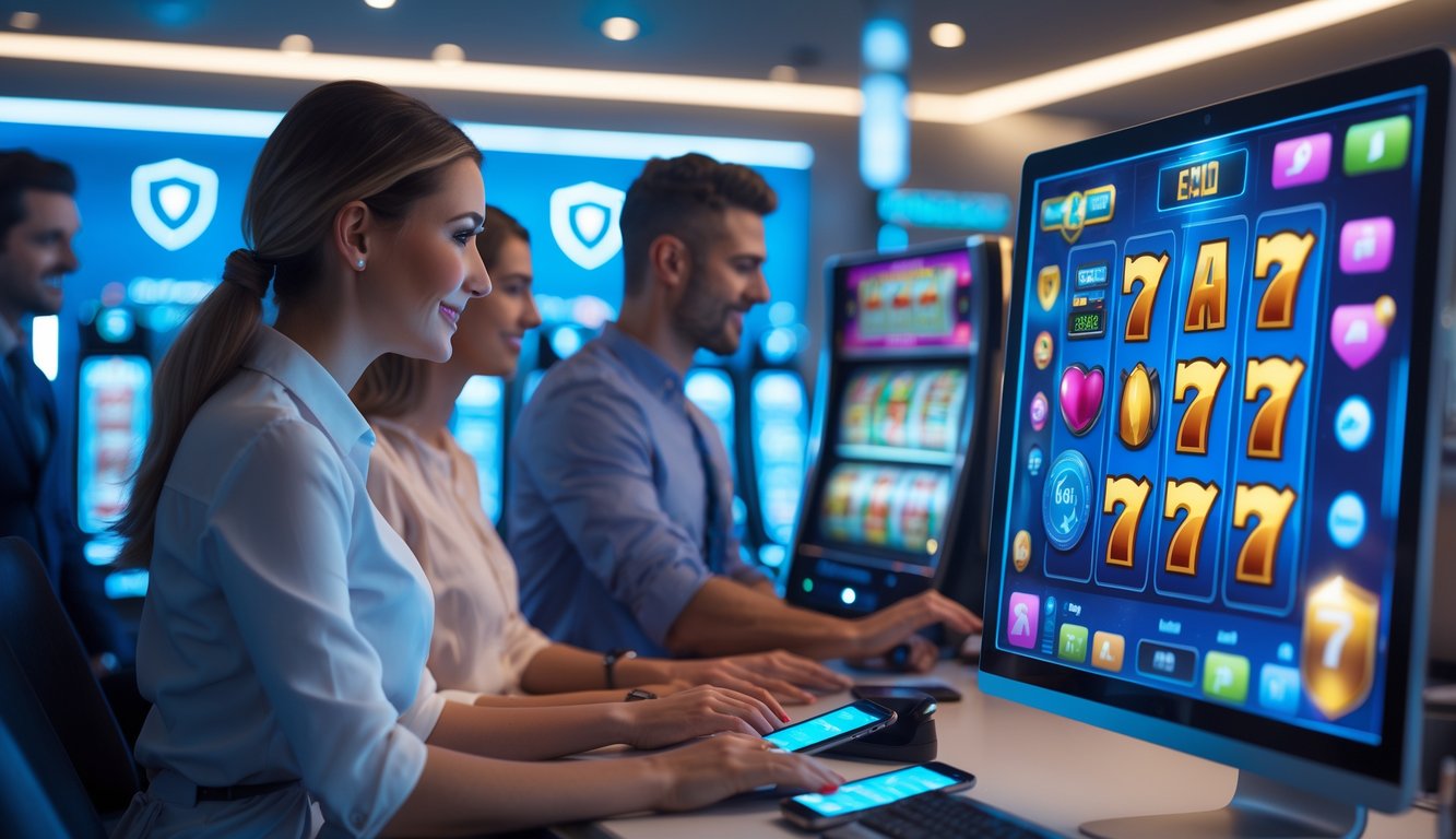 Orang-orang menggunakan komputer dan ponsel untuk bermain permainan slot online dalam suasana yang aman dan nyaman.