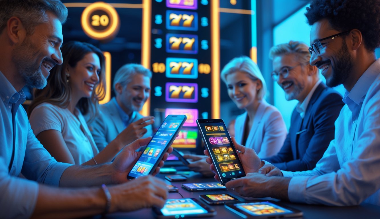 Sejumlah orang dewasa sedang bermain slot online menggunakan perangkat digital di ruangan modern yang terang.