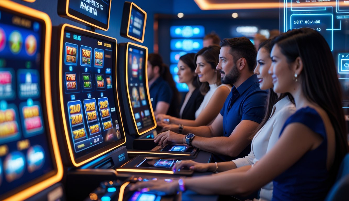 Sejumlah pemain berpengalaman sedang bermain mesin slot online di sebuah ruangan modern dengan layar komputer yang menampilkan grafik permainan slot.