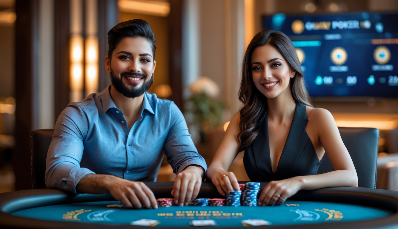 Seorang pria dan wanita duduk di meja poker modern, memegang kartu dan chip poker dengan latar belakang layar digital yang menampilkan grafik terkait poker online.