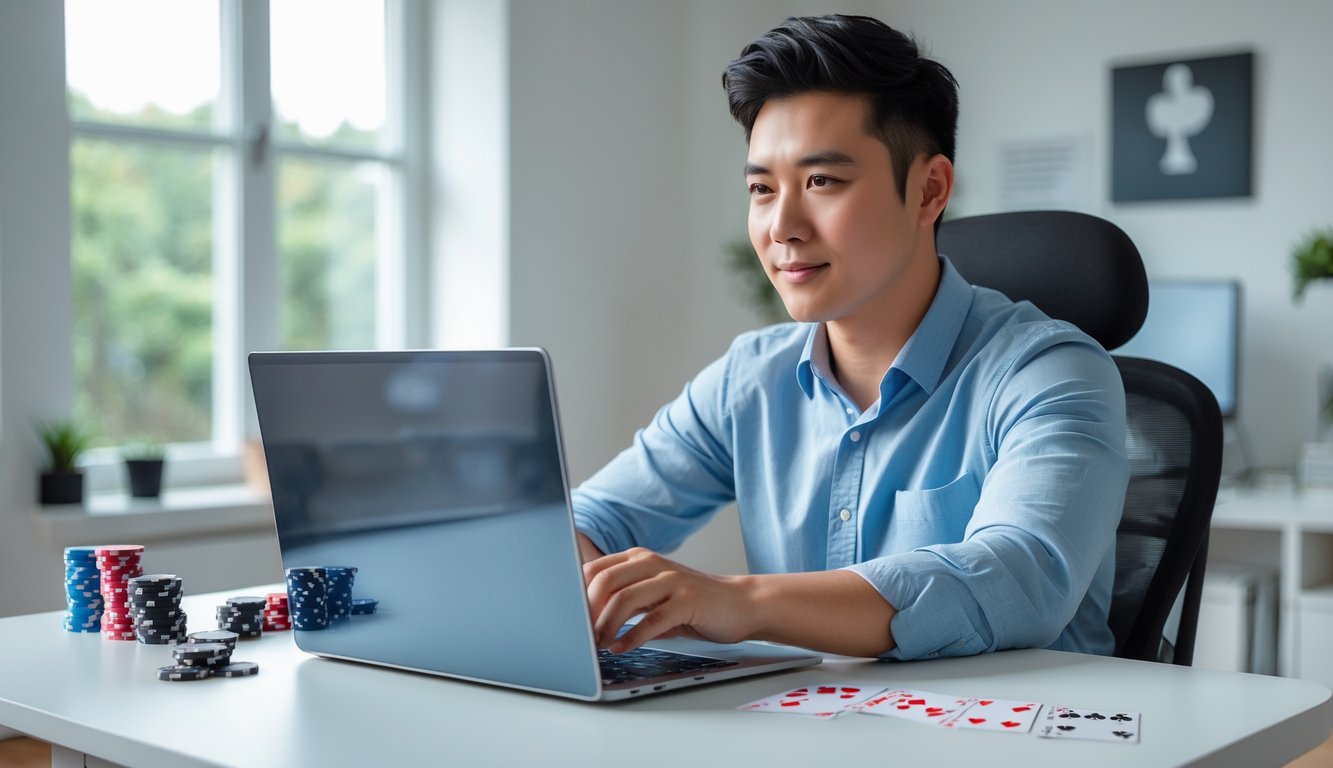 Seorang dewasa muda duduk di meja dengan laptop, bermain poker online di ruang kerja yang terang dan rapi.