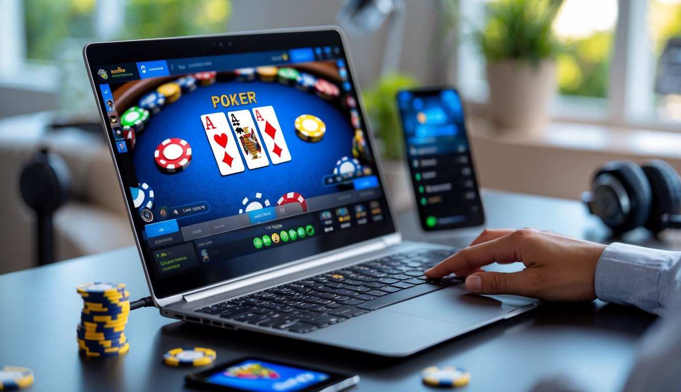 Seorang pemain poker online menggunakan laptop di ruang tamu modern dengan tumpukan chip poker di sampingnya.