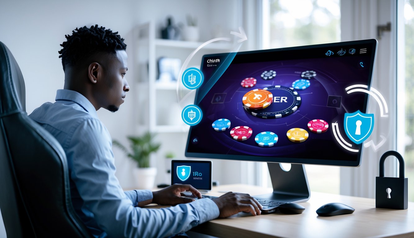 Seorang dewasa bermain poker online di depan komputer di ruang kerja yang rapi dan terang.