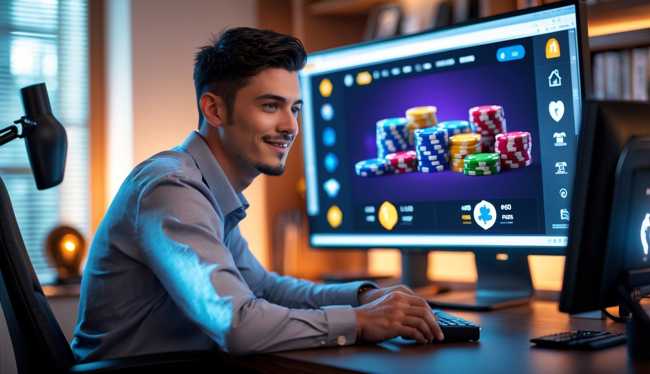 Seorang pria muda duduk di depan komputer bermain poker online di ruang kerja yang rapi dan terang.