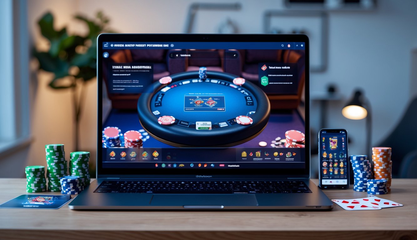 Sebuah laptop menampilkan permainan poker online dengan tumpukan chip dan kartu poker di meja, di dalam ruangan yang rapi dan terang.